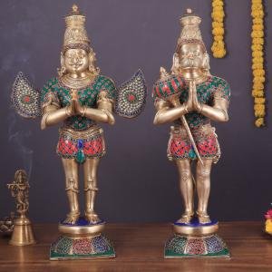 Pure Brass Divine Vahana Pair with Meenakari | Hanuman 21.5" & Garuda 22" | Total 21 kg Sacred Art | Majestic Guardian Murti Set